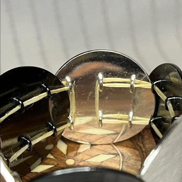 Vintage 2 Tone Metal Disk Panel Elastic Stretch Bracelet - Picture 6 of 13